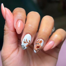 Christmas Press on Nails Medium Fake Nails Round Head Almond Glue on Nails Full Cover False Nails with Cute Elk Designs Xmas Acrylic Nails Glossy Artificial Stick on Nails for Women and Girls