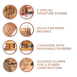Plydolex Wooden Paint Organizer - 74 Holes Suitable for Vallejo, Citadel, Tamiya Paint Bottles - 14 Brushes Holes, 6 Minis Stands and 2 Drawers - Works for Warhammer, DnD and Other Miniatures