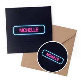 1 x Greeting Card & 10 cm Round Sticker Set - Neon Sign Design Nichelle Name - Birthday Thank You Friend Lover Fan Mum Dad Kids #353387