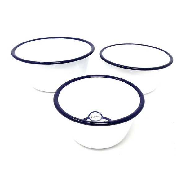 3 x Falcon White and Blue Enamel Xmas Pudding Bowls, Size 12cm, 14cm, 16cm.
