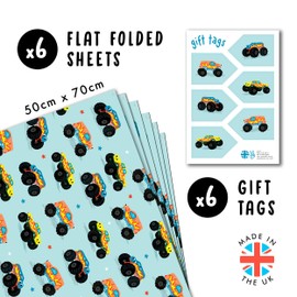 Boys Birthday Wrapping Paper - Colourful Monster Truck - Kids Wrapping Paper - 6 Sheets Gift Wrap For Kids Christmas Easter Baby Shower - Includes Tags - Cute Giftwraps For Son Grandson Nephew Toddler
