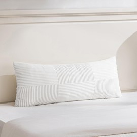 Fancy Homi Set of 1 White Boho Long Lumbar Body Decorative Throw Pillow Cover 14x36 Inch for Bed Couch Bedroom Bench, Soft Patchwork Corduroy Textured Pillow Case, Rustic Farmhouse Room Decor
