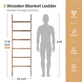 SwaaVee Blanket Ladder 6-Tier Towel Rack, Wooden Quilt Ladder Shelf for Home Decor, Wall Leaning Farmhouse Quilt Display Towel Holder Organizer for Living Room, Bathroom (24" Wide)