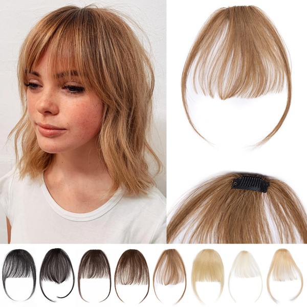 S-noilite Clip in Bangs Human Hair Thin Air Bangs Extension with Temples 1 Clip One Piece Clip on Bangs Hairpieces Soft Remy Hair For Women (Light Brown)
