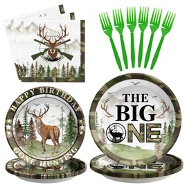 96Pcs Hunting Camo Birthday Party Decorations Hunting Camo Party Plates Disposable The Big One Paper Tableware Set for Hunting Themed 1st Birthday Party Gone Hunting Party, Serves 24