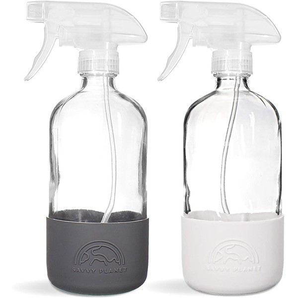 SAVVY PLANET Empty Clear Glass Spray Bottles with Silicone Sleeve Protection - Refillable 16 oz Containers for Cleaning Solutions, Essential Oils, Misting Plants - Quality Sprayer - 2 Pack - Pastel