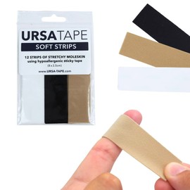 URSA Stretchy Moleskin Fabric Tape | 12 Blister Prevention Strips, Heavy-Duty No-Residue Bandages for Feet & Body | (3.14 x 0.98in)
