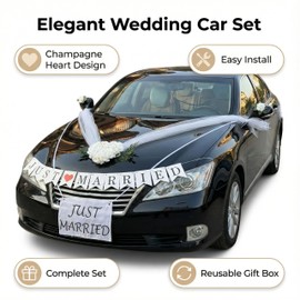 Champagne Heart Wedding Car Decoration Set with Just Married Banner, Floral Heart Hood Ornament with Tulle and Suction Cups, Rearview Mirror Flowers, and Fabric Car Plate Sign for Wedding Getaway Car