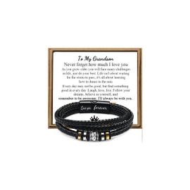 JoycuFF To My Grandson Gifts from Grandma,Grandson Bracelets Birthday Father's Day Thanksgiving Day Christmas Gifts Men's Braided Leather Wristband Bracelet 9 inches