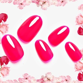 GLAMERMAID Hot Pink Press on Nails Medium Oval- Handmade Glossy Jelly Gel Glue on Gel Nails, Seduction Rose Fake Nails Medium Short, Solid Acrylic False Nail Kits, Nude Round Stick Glue on Nails Sets