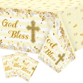 BkeeCten 3 Packs Gold Baby Baptism Party Tablecloths Decorations Flower Theme Displsable Plastic Waterproof Rectangle God Bless My First Redeo Table Cover for Baby First Communion Party Favor Supplies