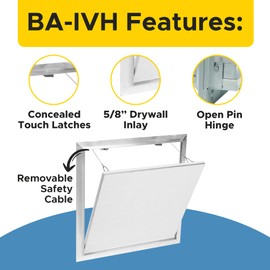 Best 8” x 8” Drywall Inlay Access Panel with Fully Detachable Hatch, 5/8” Inlayed Drywall with Touch Latches, Invisa Hatch™ Access Door with Open Pin Hinge, Welded Mill Finish, BA-IVH
