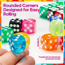 Riaaorr 100 Pieces 16MM Colored Dice Set, Standard Bulk Colors Dices, Classroom Dice, Translucent 6 Sided Games Dice for Board Games, Parties, Classroom Math Games