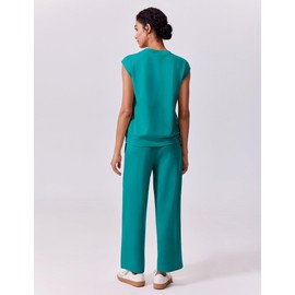 PINSPARK Two Piece Outfits for Women Cap Sleeves Matching Sets Elastic Drawstring Wide Leg Pants with Pockets, Green Jade M