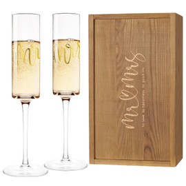 AW BRIDAL Mr and Mrs Champagne Flutes Set of 2, Engagement Bridal Shower Gifts for Couple Newlyweds, Wedding Anniversary Toasting Glasses with Wooden Box for Bride Groom
