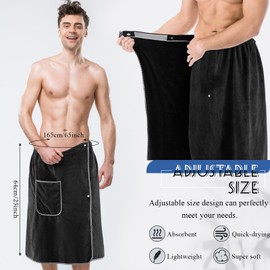 HunnmingRe Sauna Towels for Men Adjustable Quick Drying Bath Towel Wrap for Men Shower After,Gym, Spa, Sauna, 65 x 25 Inches (Black,Coral Fleece)