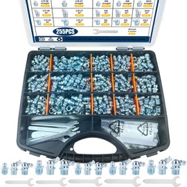 255PCS Grease Fittings Assortment, SAE & Metric 1/4" 1/8" M6 M8 M10 Straight 45 90 Degree Grease Gun Zerk Fittings Kit with Wrench Kit(7-11mm)