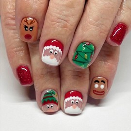 Christmas Press on Nails Short Square Fake Nails Glitter False Nails with Deer Xmas Tree Santa Claus Designs Acrylic Nails Stick on Nails Cute Glossy Full Cover Glue on Nails Winter Nail Art 24Pcs