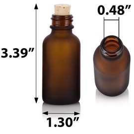 JUVITUS 1 oz / 30 ml Frosted Amber Glass Boston Round Bottle with Cork Stopper Closure (6 Pack) + Funnel