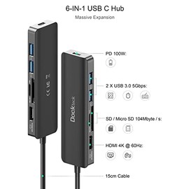 dockteck Adaptador USB C Hub HDMI PD para MacBook Air/Pro, Surface Pro 7/8, concentrador Tipo C 6 en 1 con 4K 60 Hz, 100 W PD, Lector de Tarjetas SD y microSD, 2 Datos USB 3.0 de 5 Gbps