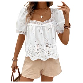 SweatyRocks Women's Square Neck Puff Sleeve Eyelet Lace Hollow Out Embroidered Top Blouse White Small