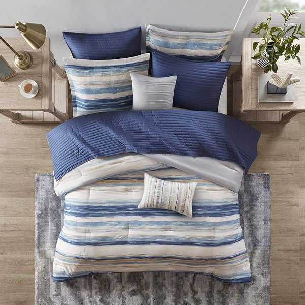 Madison Park Marina Comforter Quilt Combo Set - Modern Luxury Design, All Season Down Alternative Bedding, Matching Shams, Decorative Pillows, King/Cal King(104"x92") Seersucker Blue 8 Piece