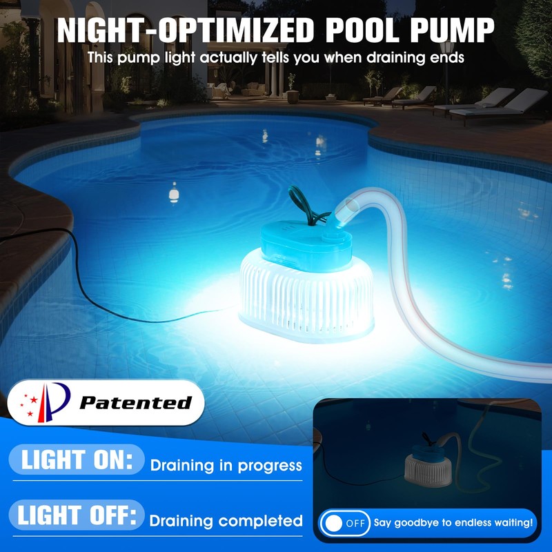 Pool Cover Pump with Lights, Above Ground Sump Pump Submersible,