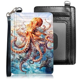 Qindaiwen Slim RFID Blocking Card Holder Wallet with Wrist Strap - Minimalist Front Pocket Wallet, Octopus 02 Design, PU Leathe, for Men & Women, Ideal for Travel & Gifts