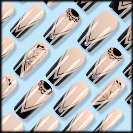 24Pcs French Tips Press on Nails with V Design, Glossy Black Flower Acrylic False Nails Gel Glue on Nails Rhinestones Medium Coffin Full Cover Fake Nails Stick on Nails Manicure Art for Women Girls