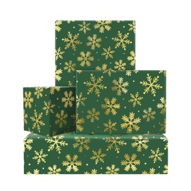 Vibrant Green with Elegant Gold Foil Snowflakes with Metallic Shine Wrapping Paper Flded Flat 4-Sheets, 1 Design: 15 sq. ft. ttl, gift wrap for Christmas Holiday Winter Birthday Party celebrations
