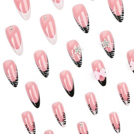 French Tip Press on Nails Medium Almond Fake Nails with Cute Bow Star Rhinestones Design Black White Zebra Stripe Nail Tip False Nails Glossy Full Cover Stick on Nails for Women Girls Manicure