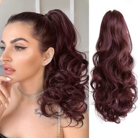 StrRid Pony Tails for Women Claw Clip Ponytail Extension Wavy 16" Synthetic Clips in Ponytails Hair Extensions Wigs Fluffy Heat Resistant Hairpieces for Wedding Party Daily Use 6 Oz Burgundy