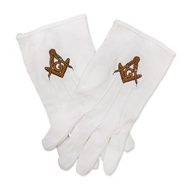 Freemasoner Gold Square & Compass Hand Embroidered Masonic Cotton Gloves White
