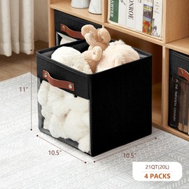 Roobyl Storage Cube Organizer with Clear Window, Linen Collapsible Storage Boxes with PU Handles, Cube Storage Bins for Shelf, Closet, Cabinet, Bookcase (10.5x10.5x11, Black)