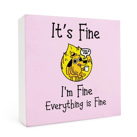 FHUGX Pink Funny Dog Office Desk Decor,It's Fine I'm Fine Everything Is Fine Wooden Box Sign Desk Decor,Cute Dog Sign For Home Office Tabletop Shelf Decor,Coworker Gift,Dog Lovers Gift,5x5 Inch