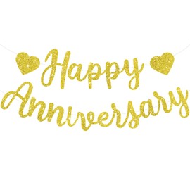 BEISHIDA Gold Happy Anniversary Banner, Pre-Strung - Gold Glitter Happy Anniversary Banner，NO DIY - Gold Glitter Happy Anniversary Garland, Gold Happy Anniversary Sign for Anniversary Wedding Party