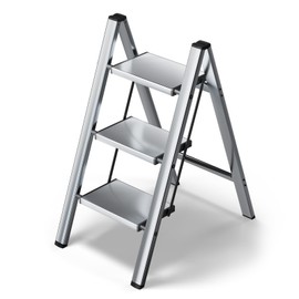 HillhutApex 3 Step Stool, Aluminum Foldable Step Ladder, Lightweight Stable Stool with Wide Non-Slip Pedals, 330lbs Bearing Capacity Ladder for Office,Home,Kitchen - Silver
