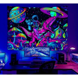 MDUKOIN Funny Space Astronaut Dinosaur Mushroom Blacklight UV Tapestry Poster Black Light Galaxy Universe Planets Cool Tapestries Wall Hanging for Teens Boys Men College Dorm Bedroom 60X40in