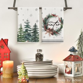 Artoid Mode Elk Trees Pine Cones Holly Berry Hello Winter Kitchen Towels Dish Towels, 18x26 Inch Bowknot Christmas Decoration Hand Towels Set of 4