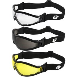 Birdz Eyewear Boogie Black Foam Padded Motorcycle Z87.1 Safety Skydiving Goggles 3 Pairs with Clear Smoke & Yellow Anti-Fog Lenses