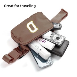 Didida Brown Mini Belt Bag with Letter Patch Boutique Crossbody Bag Fanny Pack for Men Women Cute Fashion Everywhere Bum Hip Waist Pack Travel Chest Bag with Adjustable Strap, Chenille Letter D