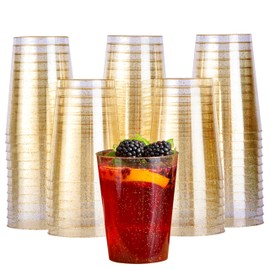 MATANA 100 Premium Clear Hard Plastic Cups, Plastic Party Cups with Gold Glitter (285ml / 10oz) - Reusable Plastic Glasses, Tumblers, Gold Cups for Drinks, Cocktail, Dessert, Wedding, Parties