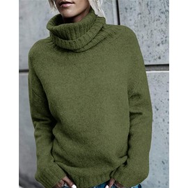 FISACE Womens Oversized Turtleneck Pullover Sweater Cable Knit Long Sleeve Sweater Tops A-Green