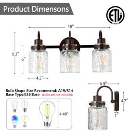 AMRUIPO 3 Lights Bathroom Vanity Light, Oil Rubbed Bronze Bathroom Light Fixtures with Hammered Glass Lampshade for Dressing Table,Over Mirror,Hallway