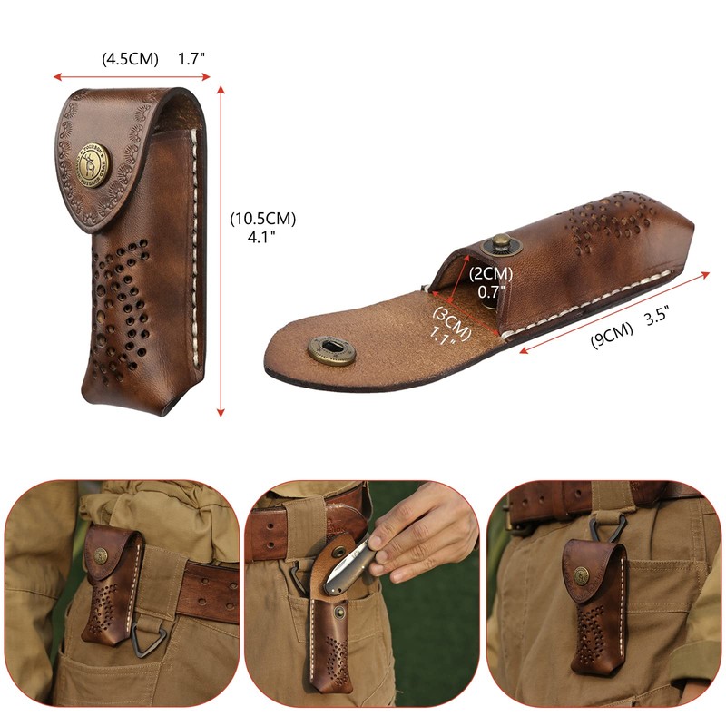 Tourbon EDC Leather Pocket Folding Knife Sheath Carrier Holster Flashlight