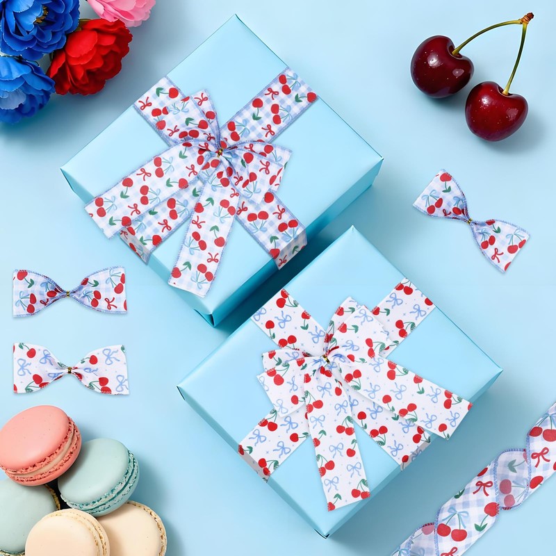 Diartpaint Cherry Bow Wired Edge Ribbons Blue 2 Rolls 10