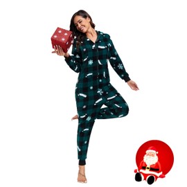 COLORFULLE Christmas Onesie for Couples Fleece Jumpsuit Full Zip Pajamas Long Sleeve with Pockets, green plaid christmas womens