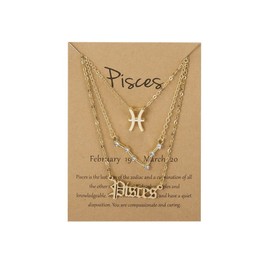 3 Pcs Constellation Zodiac Layer Necklaces Retro 14K Gold Plated 12 Constellation Pendant Necklace Exquisite Letter Horoscope Old English Zodiac Sign Jewelry Birthday Gift for Women Girls - Pisces