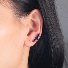 CiNily Ear Crawler Earrings with Black Cubic Zircon, 14K Black Gold Plated Cuff Climber Earrings Small Flat Back Stud Earrings Gem Jewelry Valentine's Day Gifts for Women Girls Hypoallergenic, White