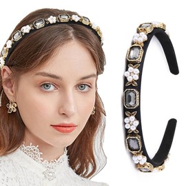 Coridy Thin Baroque Black Headbands for Women Pearl Rhinestone Hairbands with Gold Leaf Diamond Head Band Bejeweled Headbands (FASHION)
